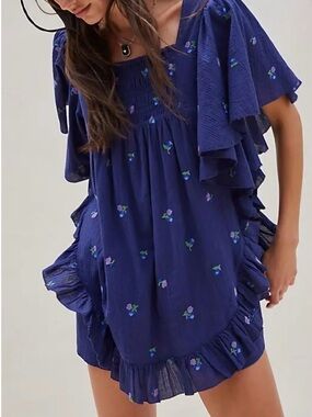 NWT Free People Kit Embroidered Romper in Navy Combo size Large
